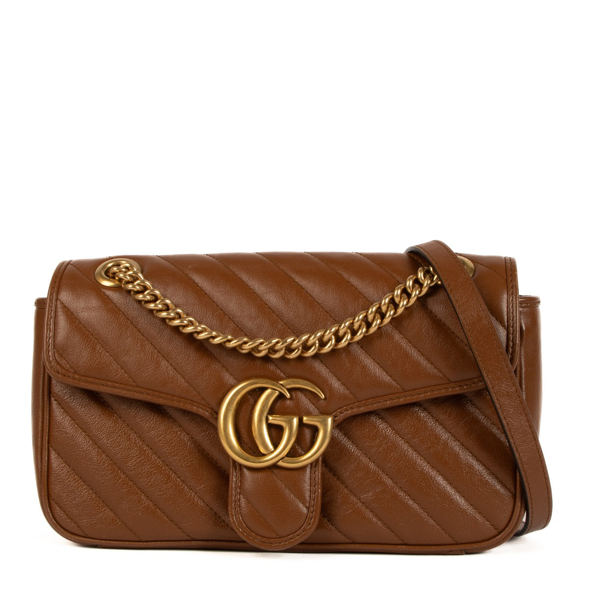 Shop safe online at Labellov in Antwerp, Brussel and Knokke this 100% authentic second hand Gucci Brown Matelassé Small Marmont Shoulder Bag
