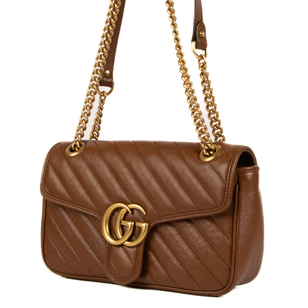 Shop safe online at Labellov in Antwerp, Brussel and Knokke this 100% authentic second hand Gucci Brown Matelassé Small Marmont Shoulder Bag