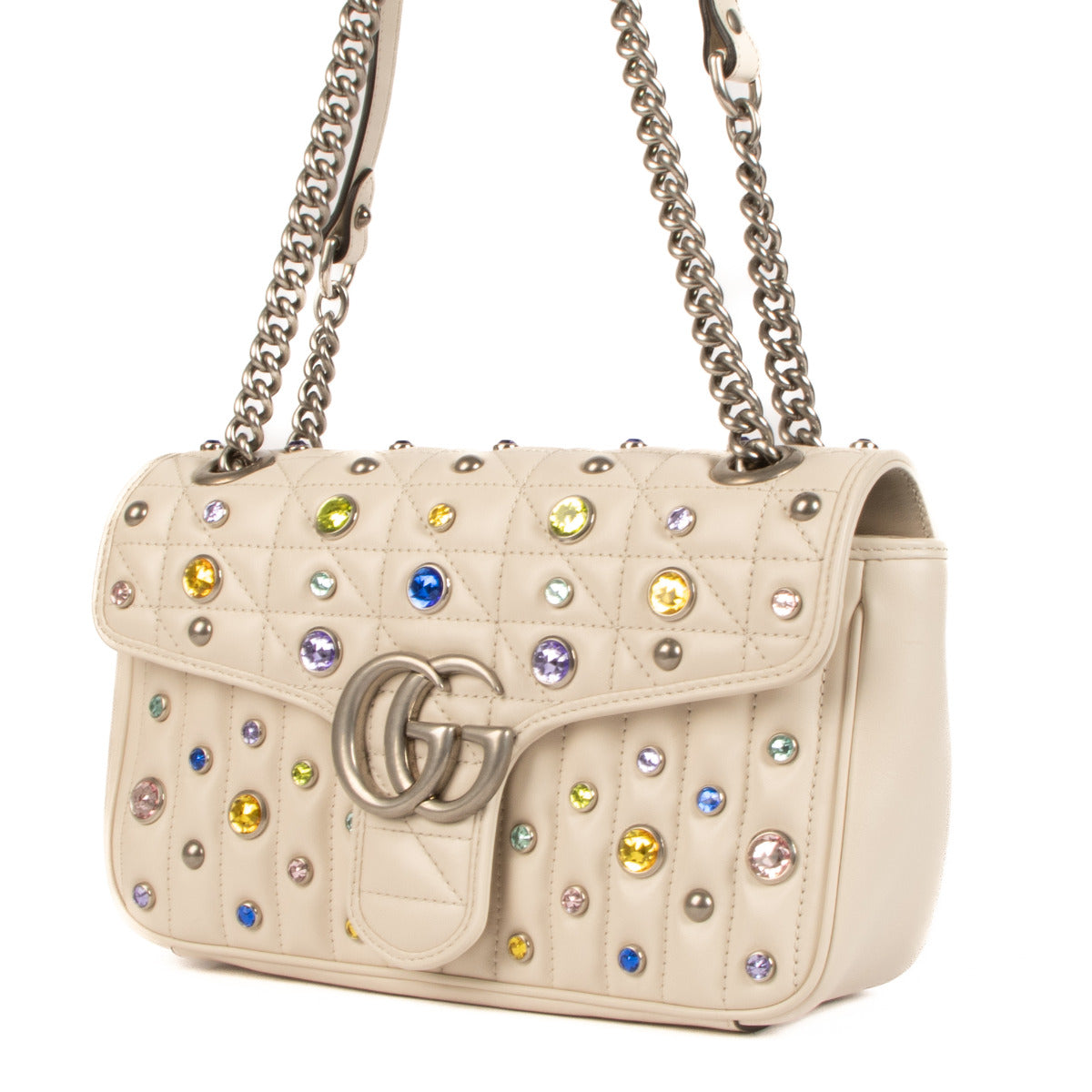 Gucci White Stud Marmont Shoulder Bag aan de beste prijs bij Labellov tweedehands luxe in Antwerpen, Knokke en Brussel.