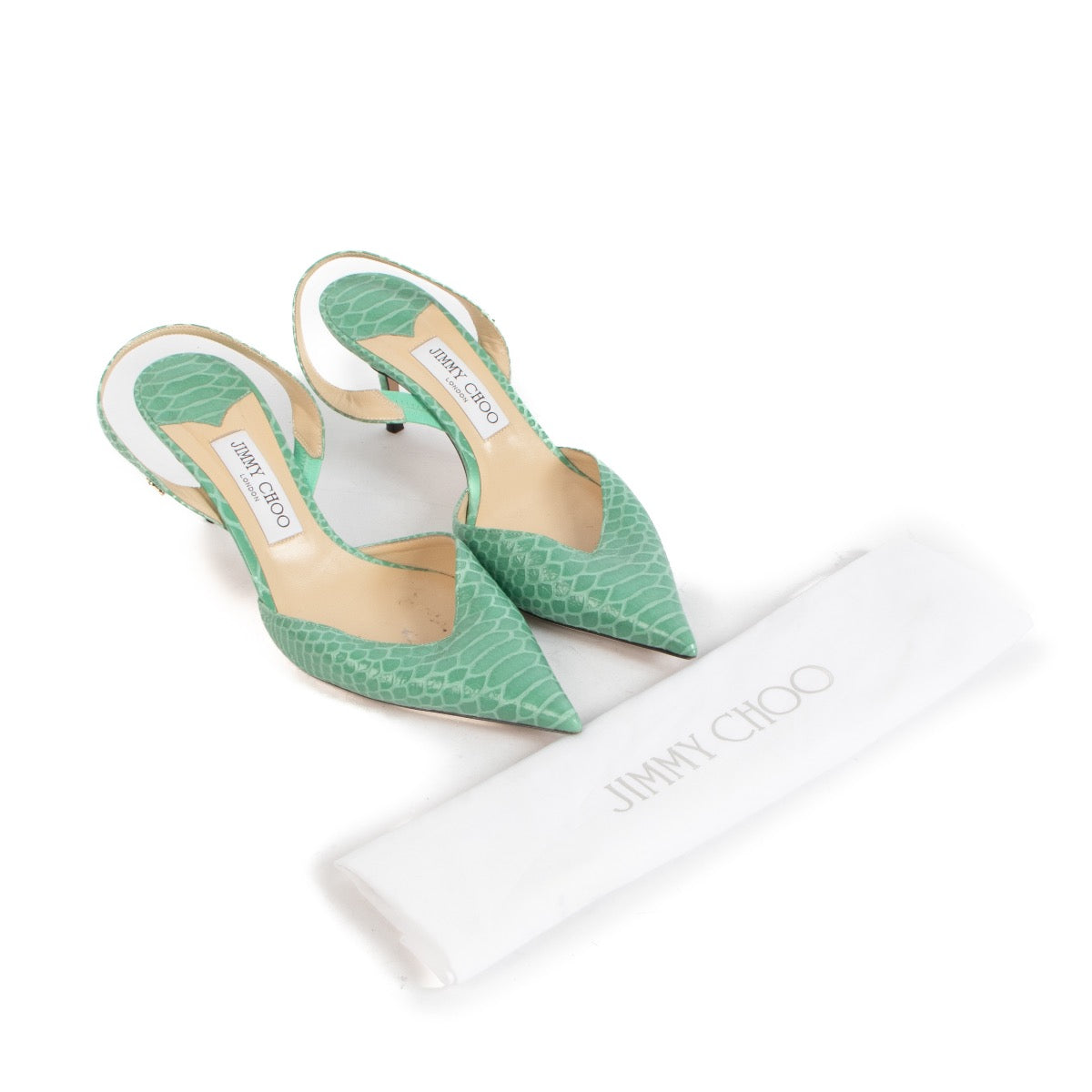 Shop safe online at Labellov in Antwerp, Brussels and Knokke these 100% authentic second hand Jimmy Choo Green Thandi Slingback Pumps - size 39,5