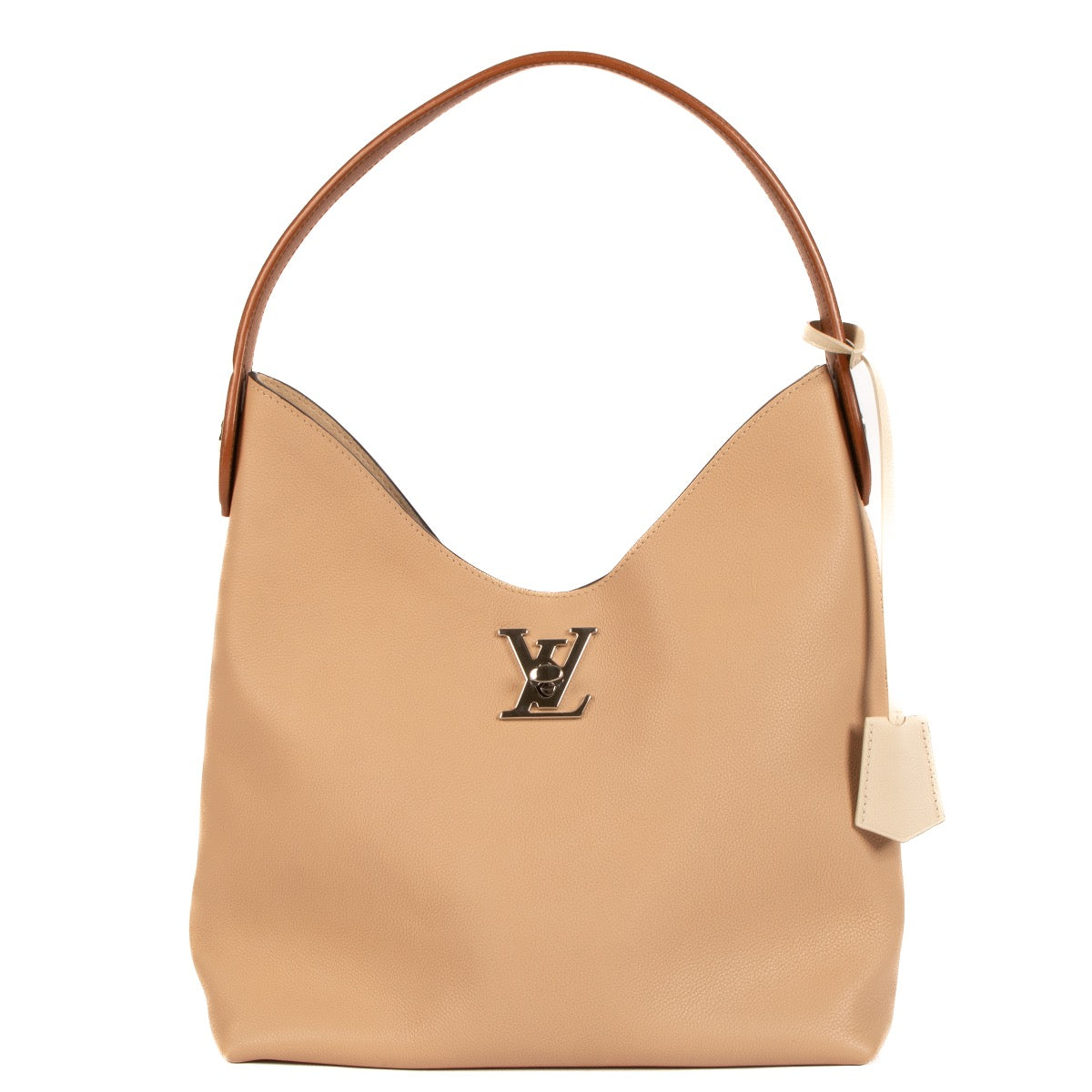 Shop safe online at Labellov in Antwerp, Brussels and Knokke this 100% authentic second hand Louis Vuitton Beige LockMe Hobo Bag
