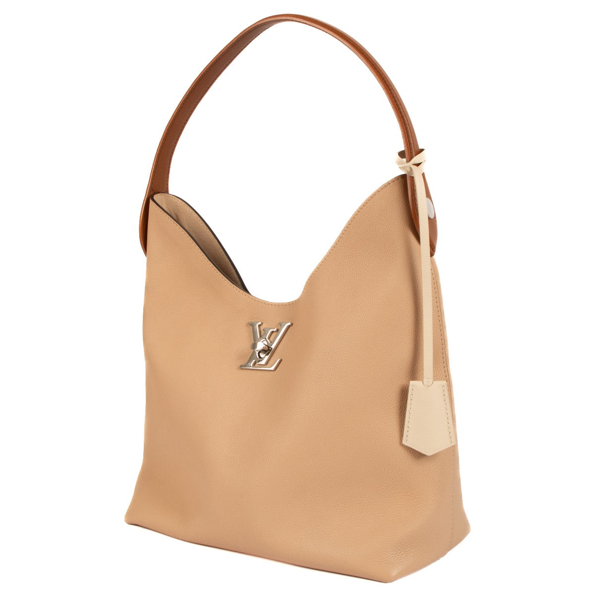 Shop safe online at Labellov in Antwerp, Brussels and Knokke this 100% authentic second hand Louis Vuitton Beige LockMe Hobo Bag