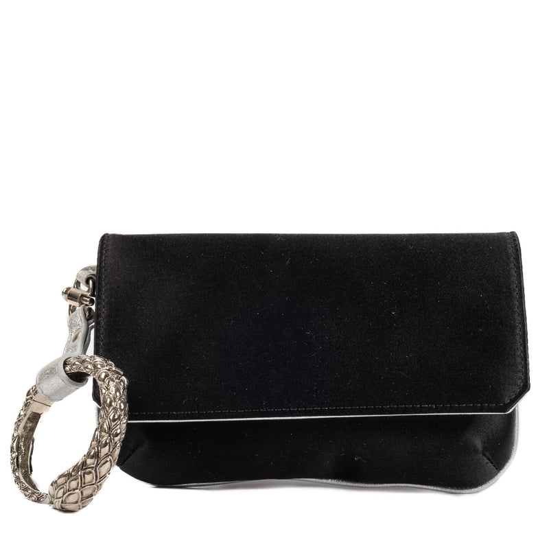 Roberto Cavalli Black Satin Clutch, Roberto Cavalli Clutch, Robert Cavalli evening clutch, Roberto Cavalli black satin, Roberto Cavalli, Snake, Bracelet clutch, Preloved, Labellov, Antwerp