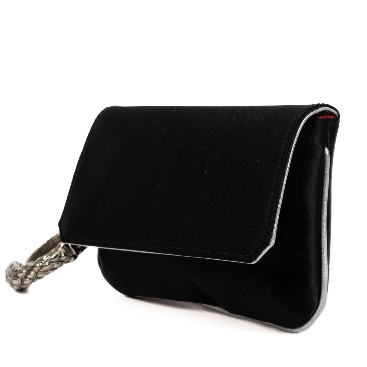 Roberto Cavalli Black Satin Clutch, Roberto Cavalli Clutch, Robert Cavalli evening clutch, Roberto Cavalli black satin, Roberto Cavalli, Snake, Bracelet clutch, Preloved, Labellov, Antwerp