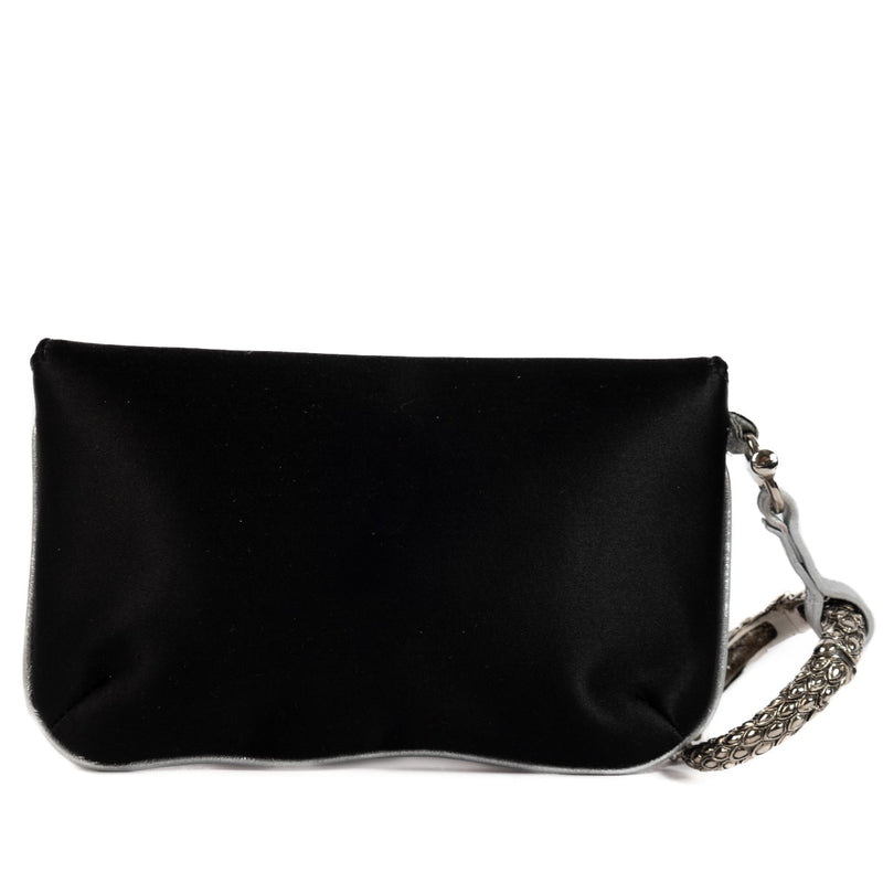 Roberto Cavalli Black Satin Clutch, Roberto Cavalli Clutch, Robert Cavalli evening clutch, Roberto Cavalli black satin, Roberto Cavalli, Snake, Bracelet clutch, Preloved, Labellov, Antwerp