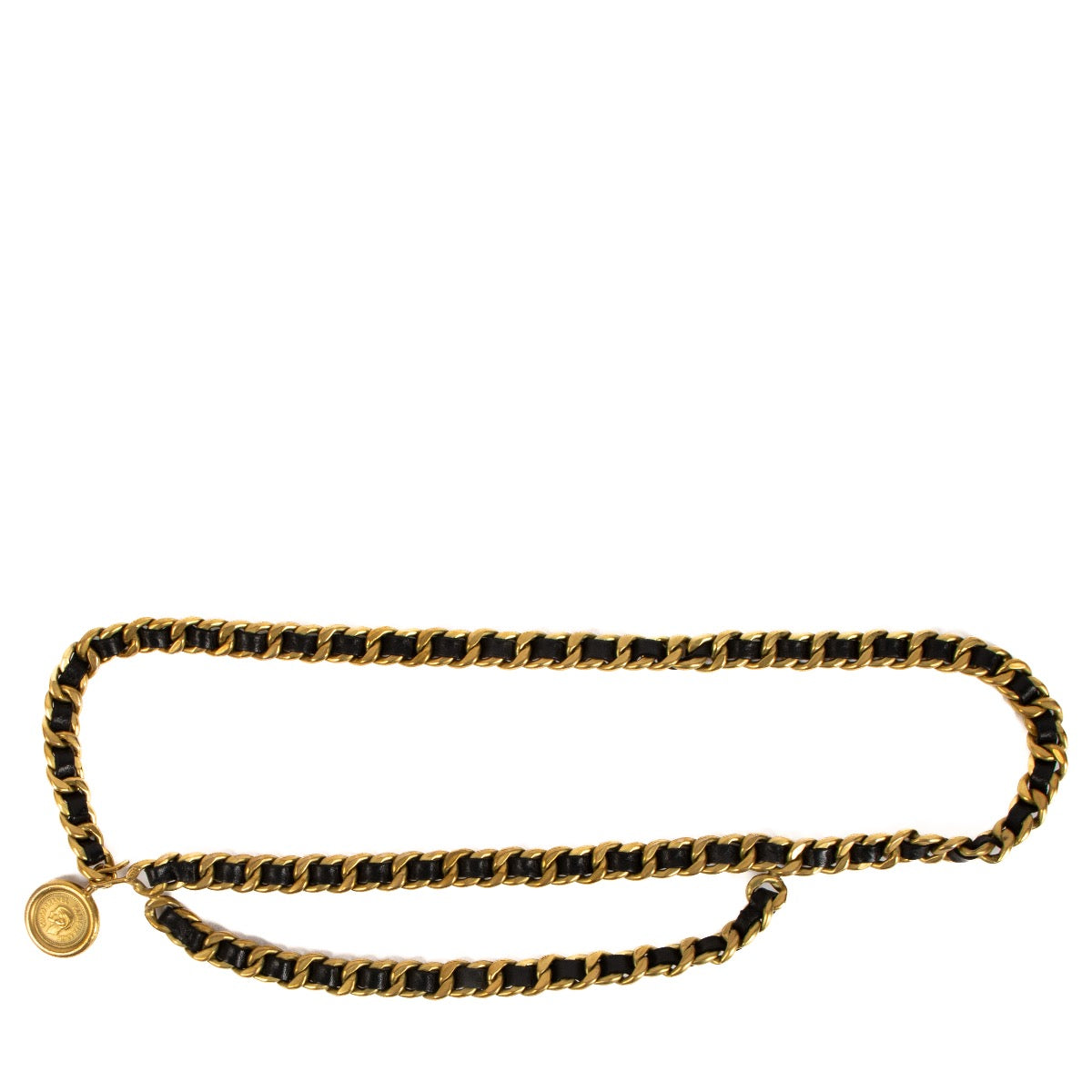 Shop 100% authentic second-hand Chanel Vintage Black Leather Gold Double Chain Belt on Labellov.com
