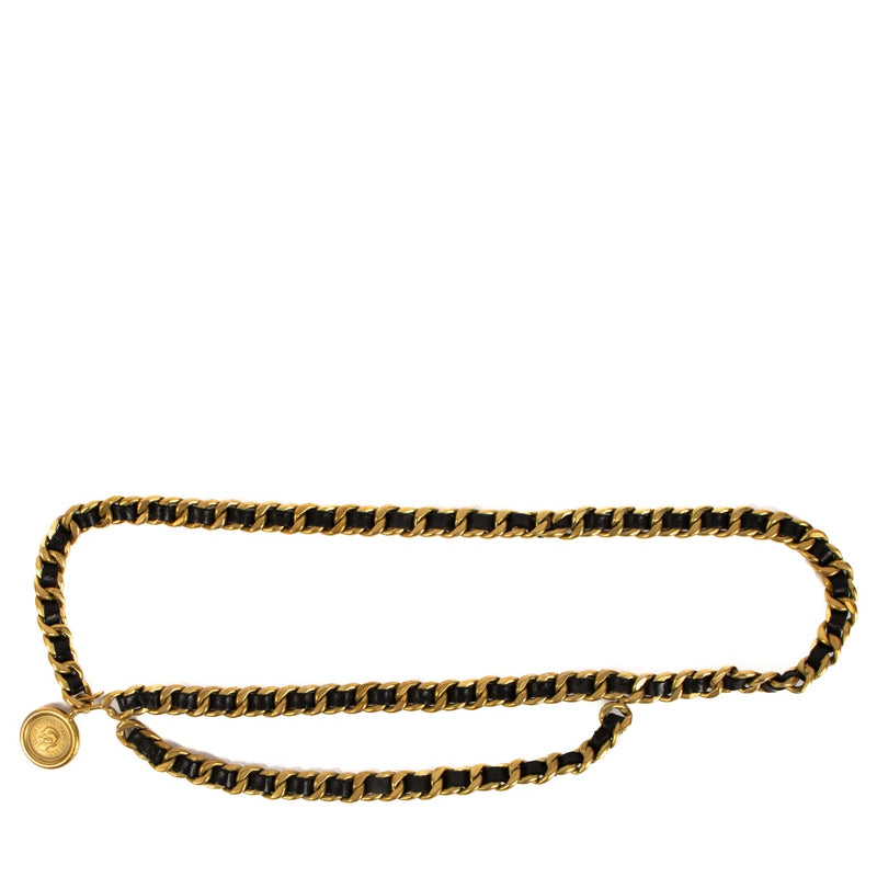Shop 100% authentic second-hand Chanel Vintage Black Leather Gold Double Chain Belt on Labellov.com