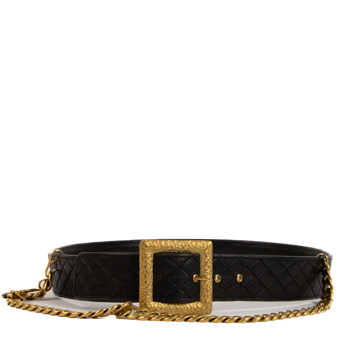 Buy real authentic Chanel 94A Black Leather Charm Square Buckle Belt in good condition at Labellov.com