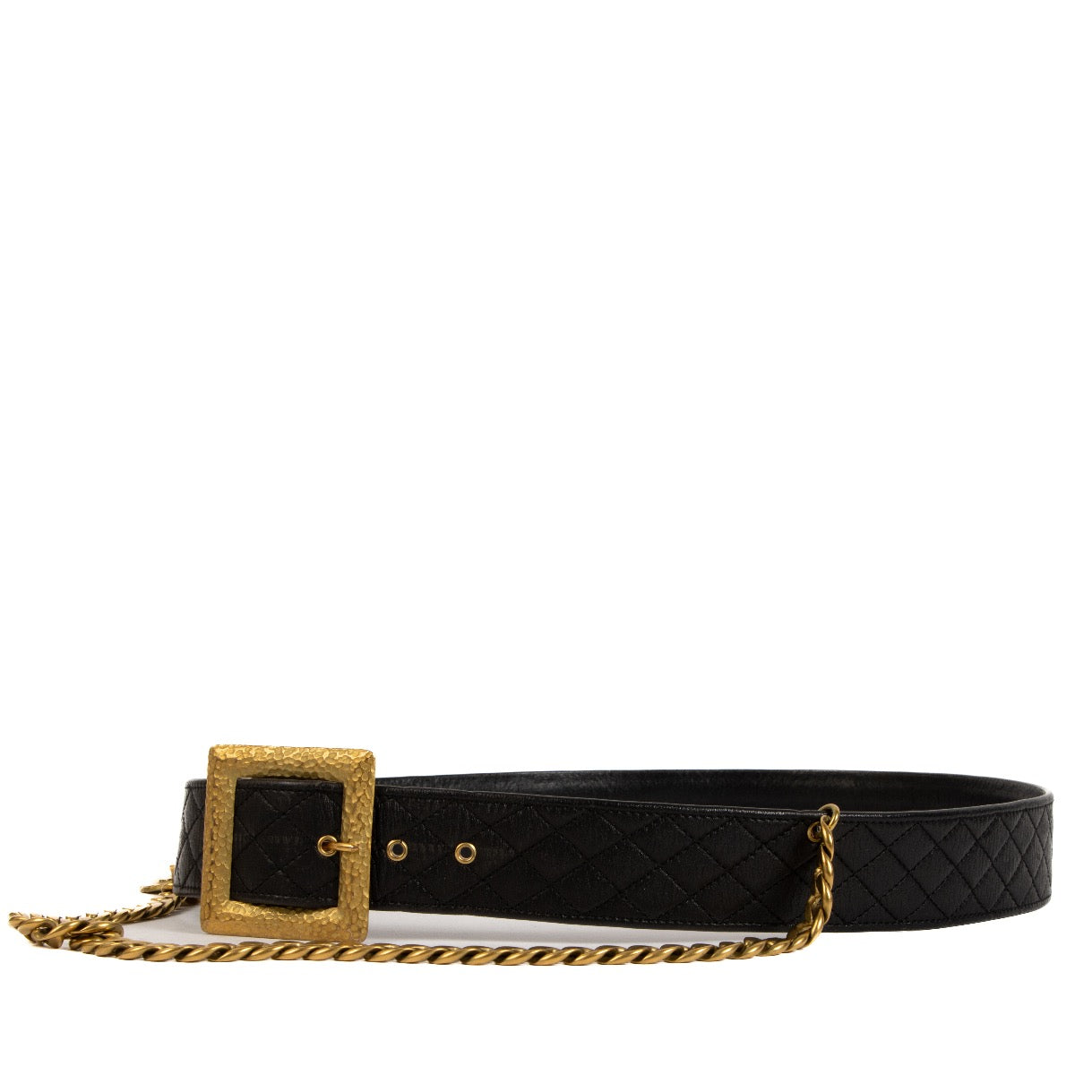 Buy real authentic Chanel 94A Black Leather Charm Square Buckle Belt in good condition at Labellov.com