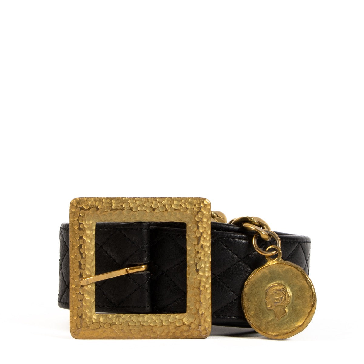 Buy real authentic Chanel 94A Black Leather Charm Square Buckle Belt in good condition at Labellov.com
