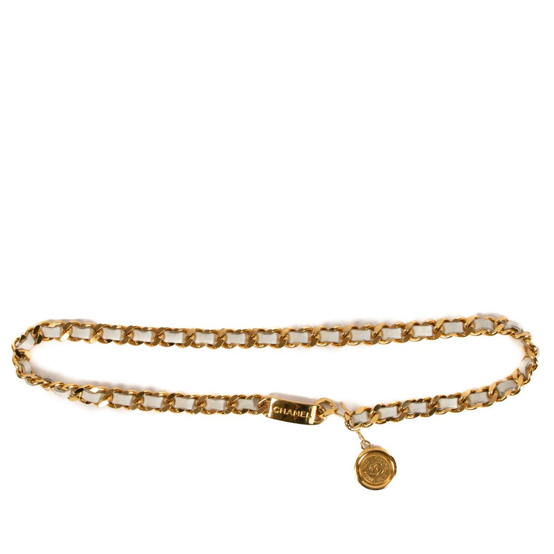 Chanel 94A Vintage White Leather Gold Chain Medaillon Belt