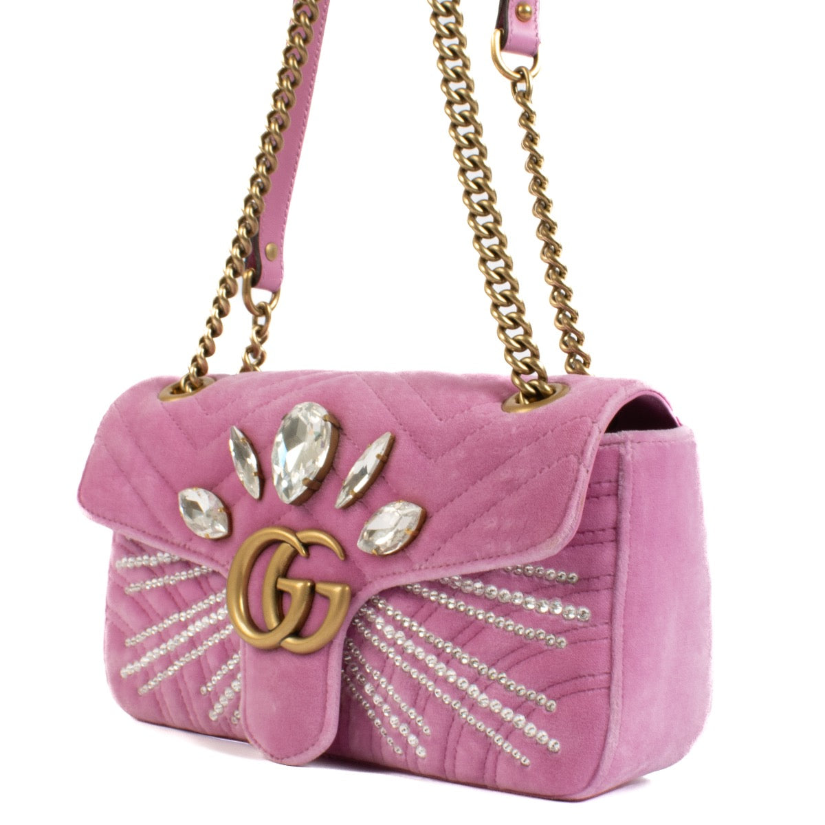Shop safe online at Labellov in Antwerp, Brussels and Knokke this 100% authentic second hand Gucci Violet Roseate Velvet Crystals Small GG Marmont Bag