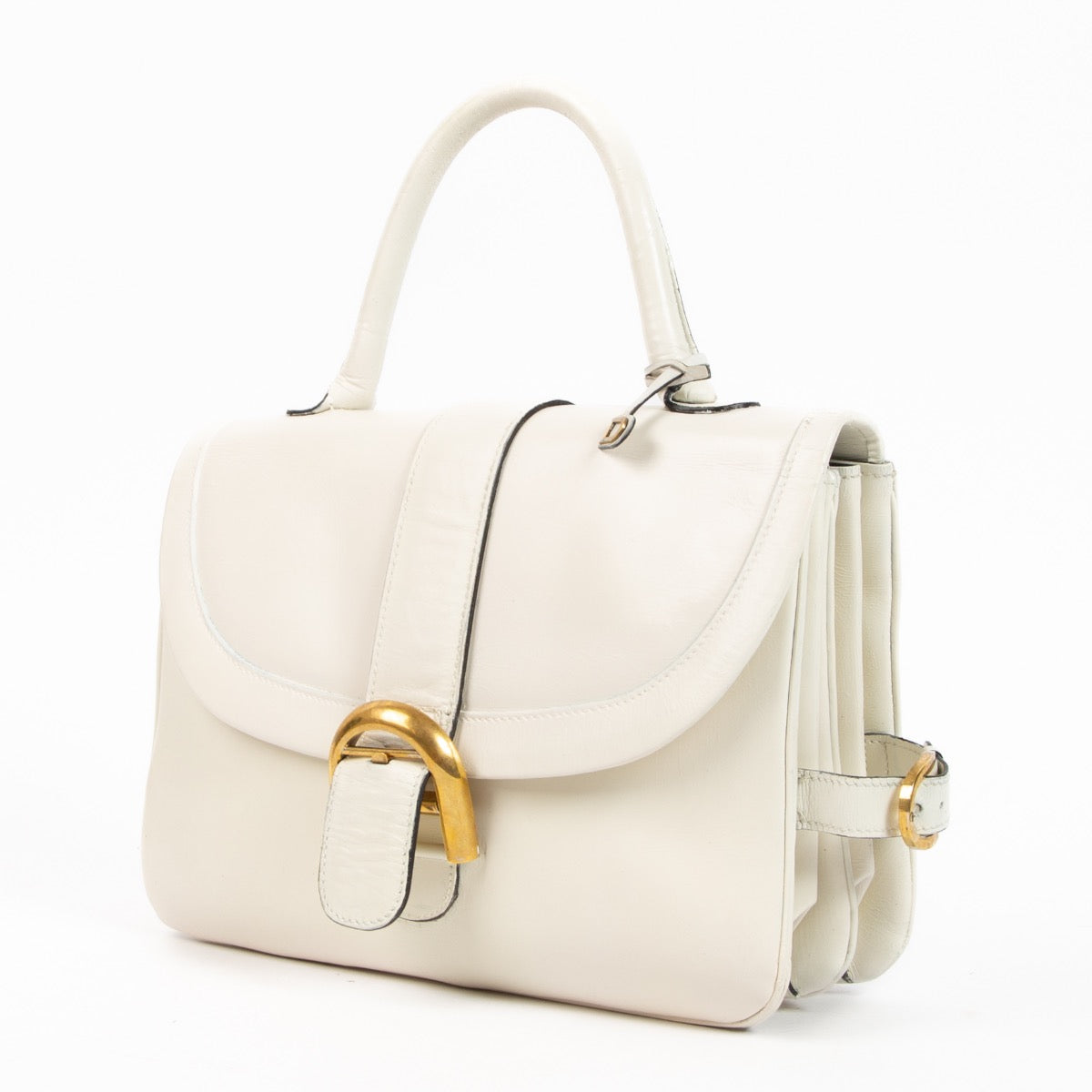 Shop safe online at Labellov this 100% authentic second hand Delvaux White Box Calf Brillant Rouilly Top handle