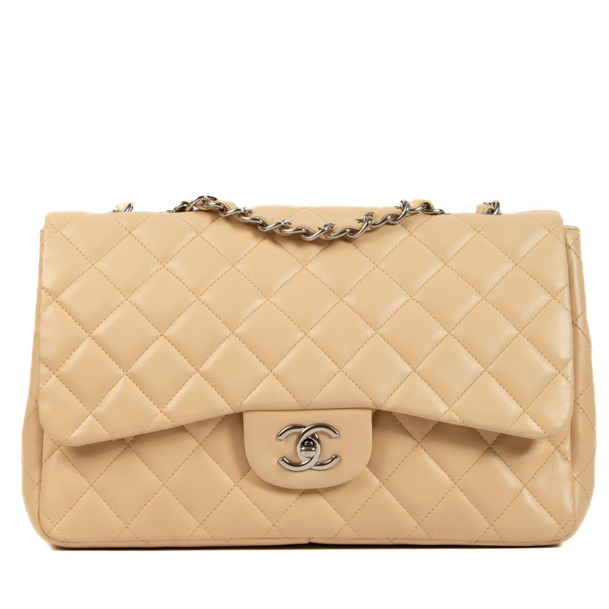 Shop safe online at Labellov this 100% authentic second hand Chanel Beige Calfskin Large Classic Single Flap Bag