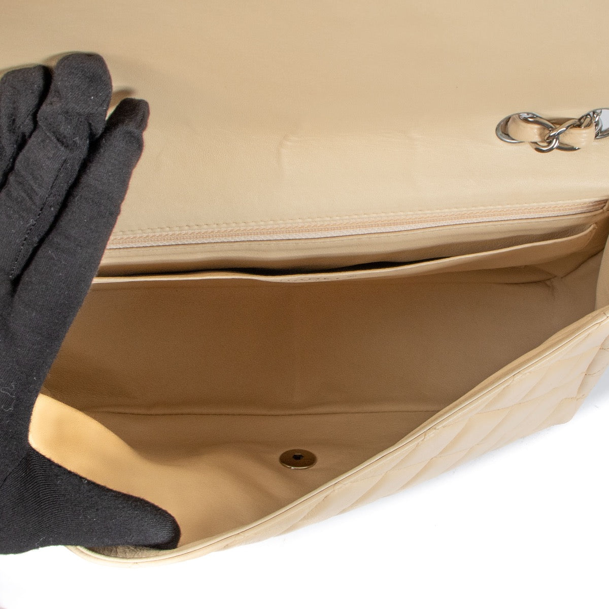 Shop safe online at Labellov this 100% authentic second hand Chanel Beige Calfskin Large Classic Single Flap Bag
