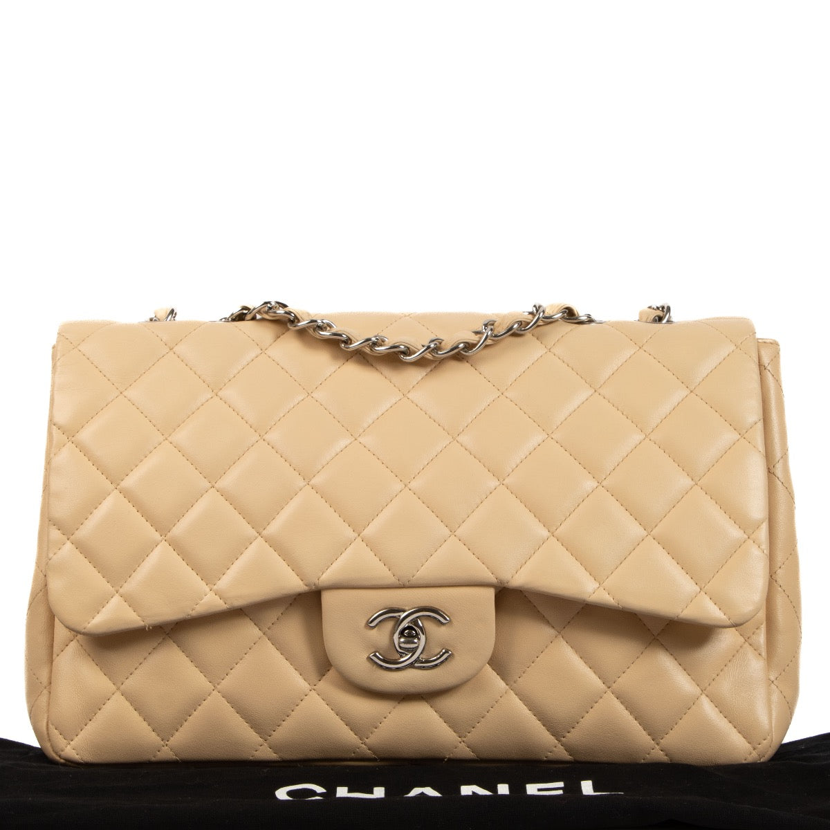Shop safe online at Labellov this 100% authentic second hand Chanel Beige Calfskin Large Classic Single Flap Bag