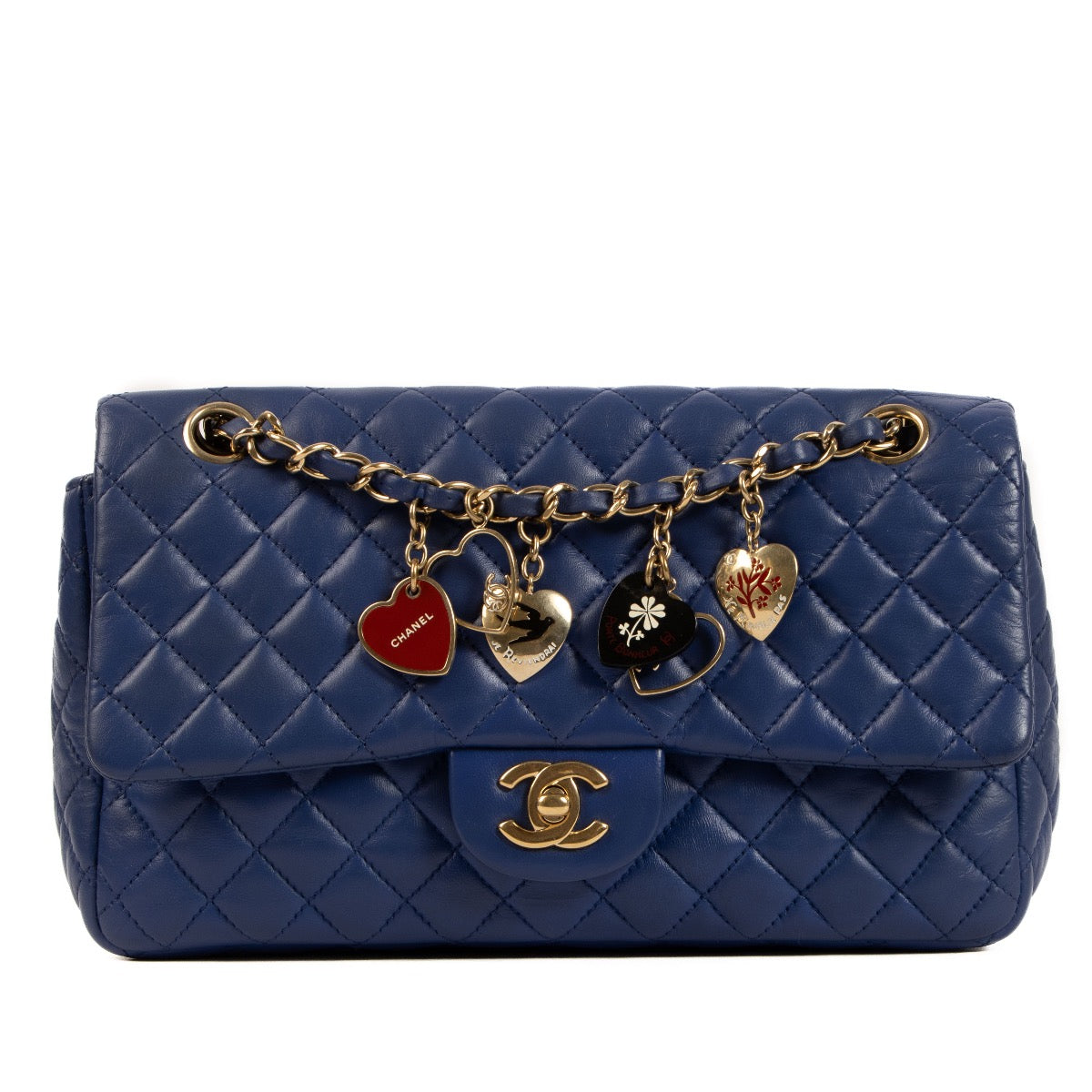 Shop safe online at Labellov in Antwerp, Brussels and Knokke this 100% Chanel Blue Quilted Leather Limited Edition Valentine's Day Charm Classic Bag