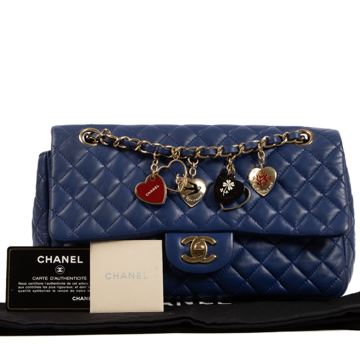 Shop safe online at Labellov in Antwerp, Brussels and Knokke this 100% Chanel Blue Quilted Leather Limited Edition Valentine's Day Charm Classic Bag