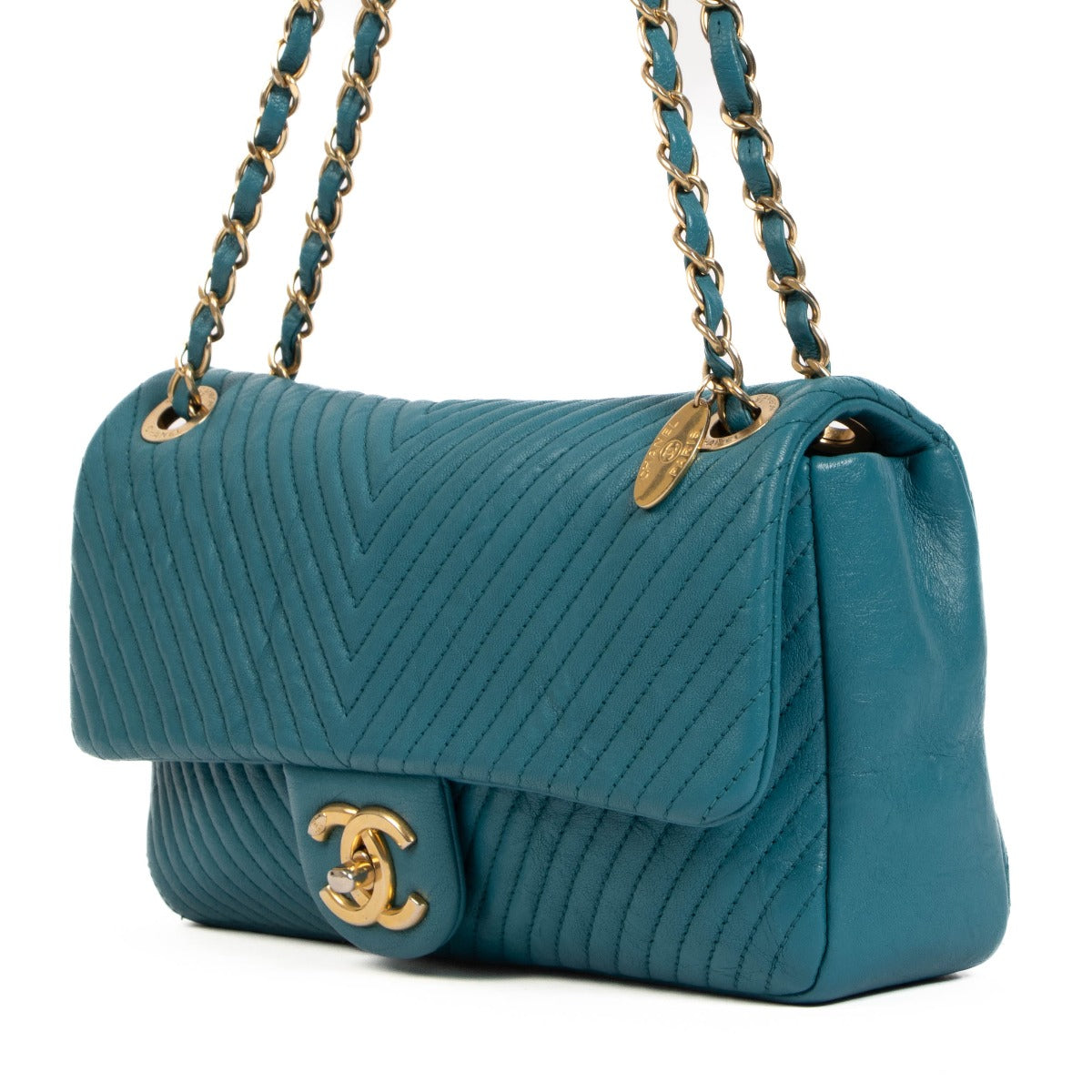 Chanel Blue Chevron Goatskin Medallion Flap Bag