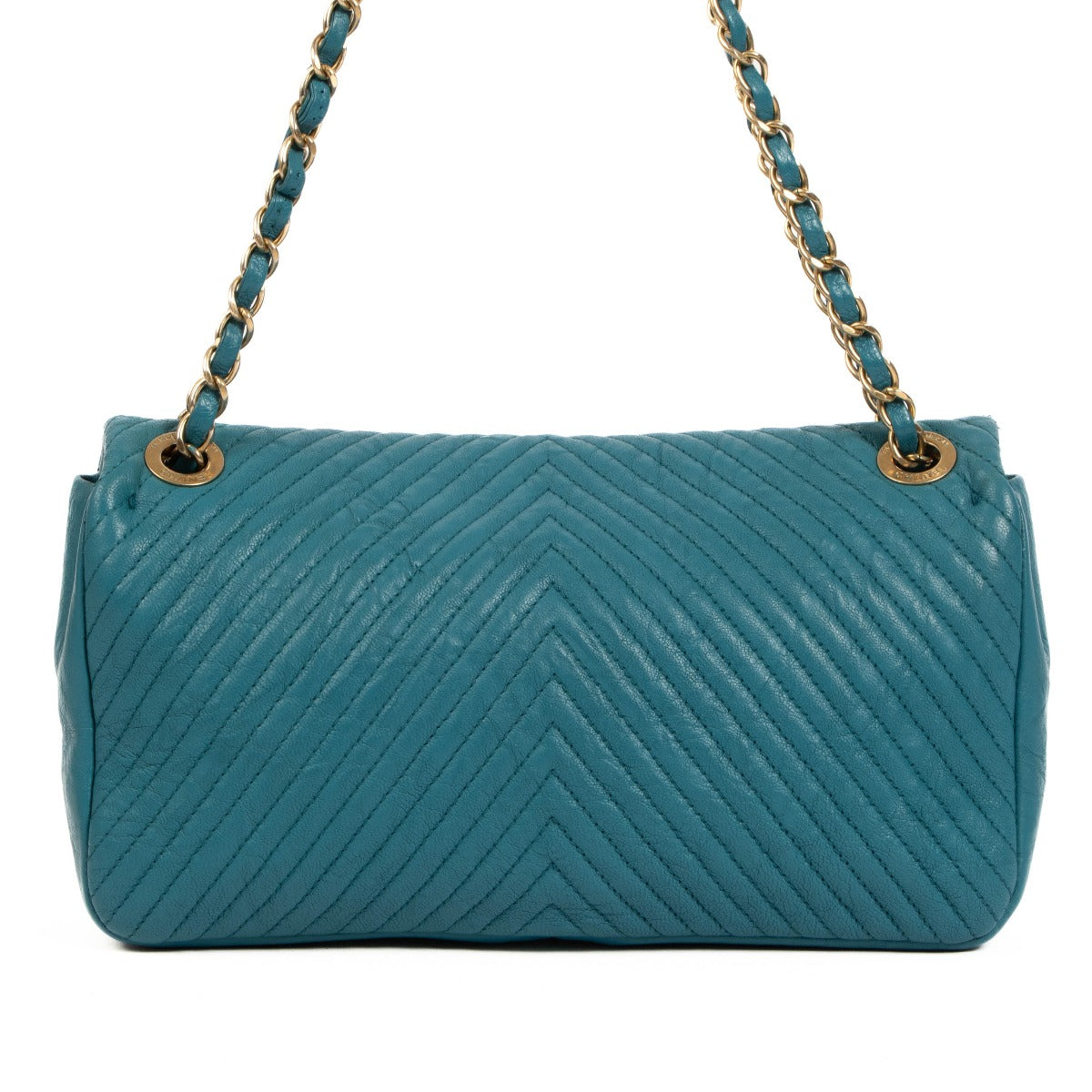 Chanel Blue Chevron Wrinkled Goatskin Medallion Charm Medium Flap Bag