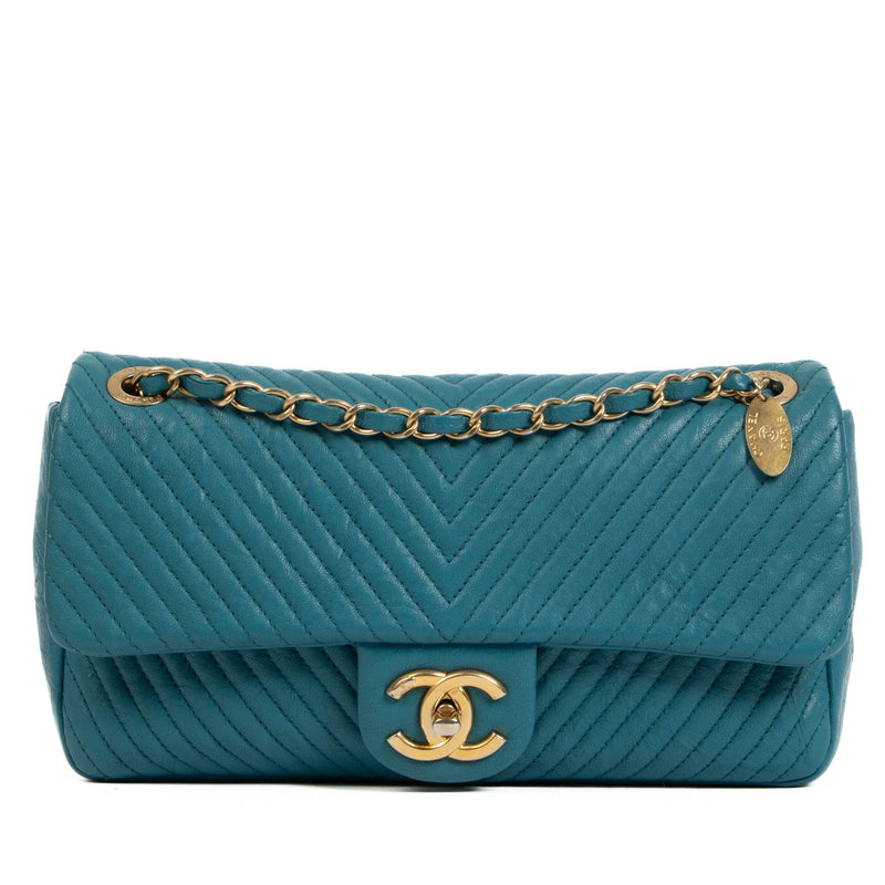 Chanel Blue Chevron Goatskin Medallion Flap Bag