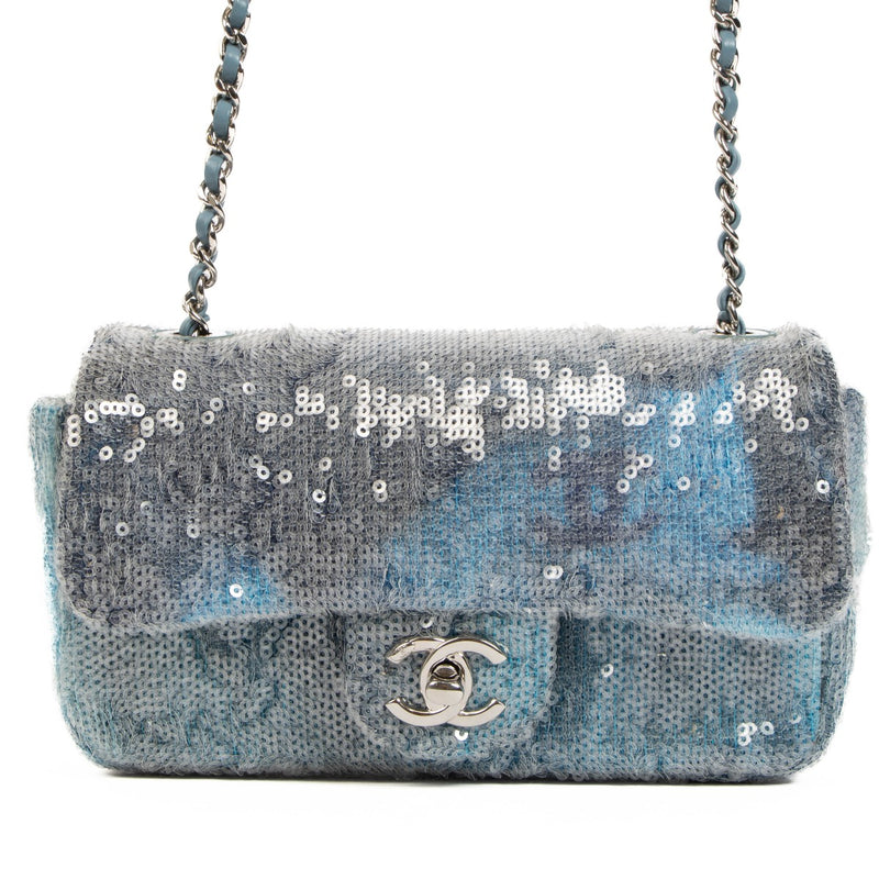 Buy real authentic Chanel 18S Blue Waterfall Sequin Mini Classic Flap Bag safe online at Labellov.com