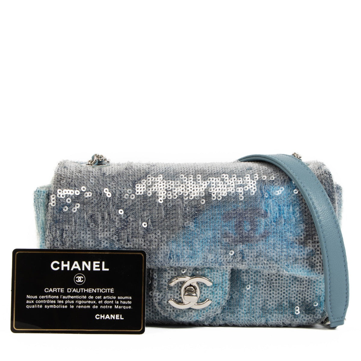 Buy real authentic Chanel 18S Blue Waterfall Sequin Mini Classic Flap Bag safe online at Labellov.com