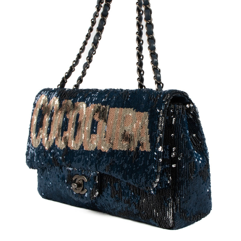 Shop safe online at Labellov in Antwerp, Brussels and Knokke this 100% authentic second hand Chanel Blue Sequin Coco Cuba Flap Bag