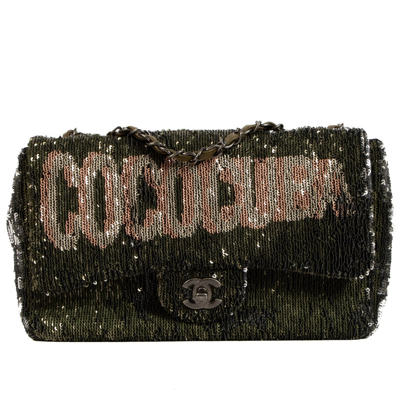 Shop safe online at Labellov in Antwerp, Brussels and Knokke this 100% authentic second hand Chanel Khaki Sequin Coco Cuba Classic Flap Bag