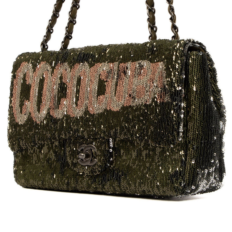 Shop safe online at Labellov in Antwerp, Brussels and Knokke this 100% authentic second hand Chanel Khaki Sequin Coco Cuba Classic Flap Bag