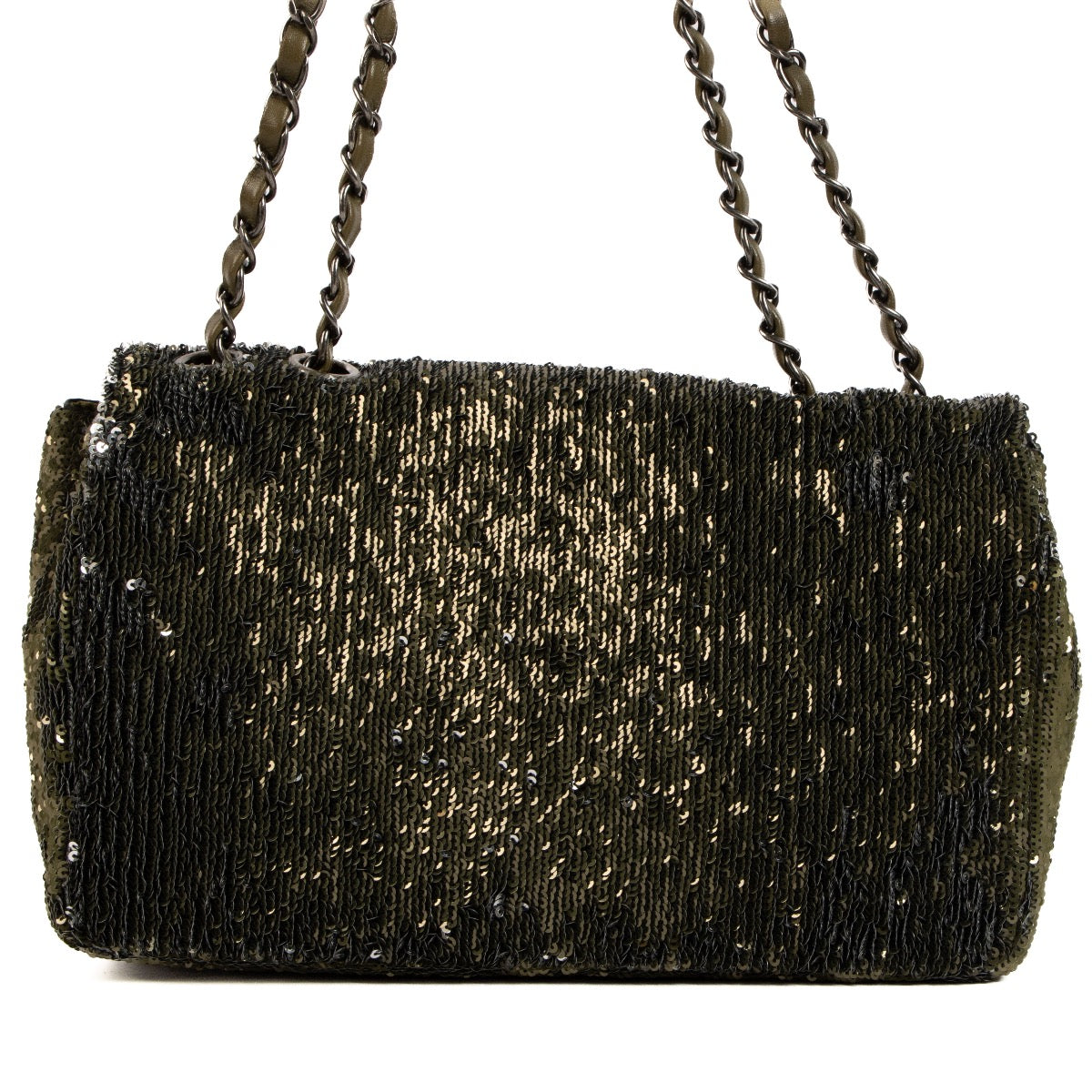 Shop safe online at Labellov in Antwerp, Brussels and Knokke this 100% authentic second hand Chanel Khaki Sequin Coco Cuba Classic Flap Bag