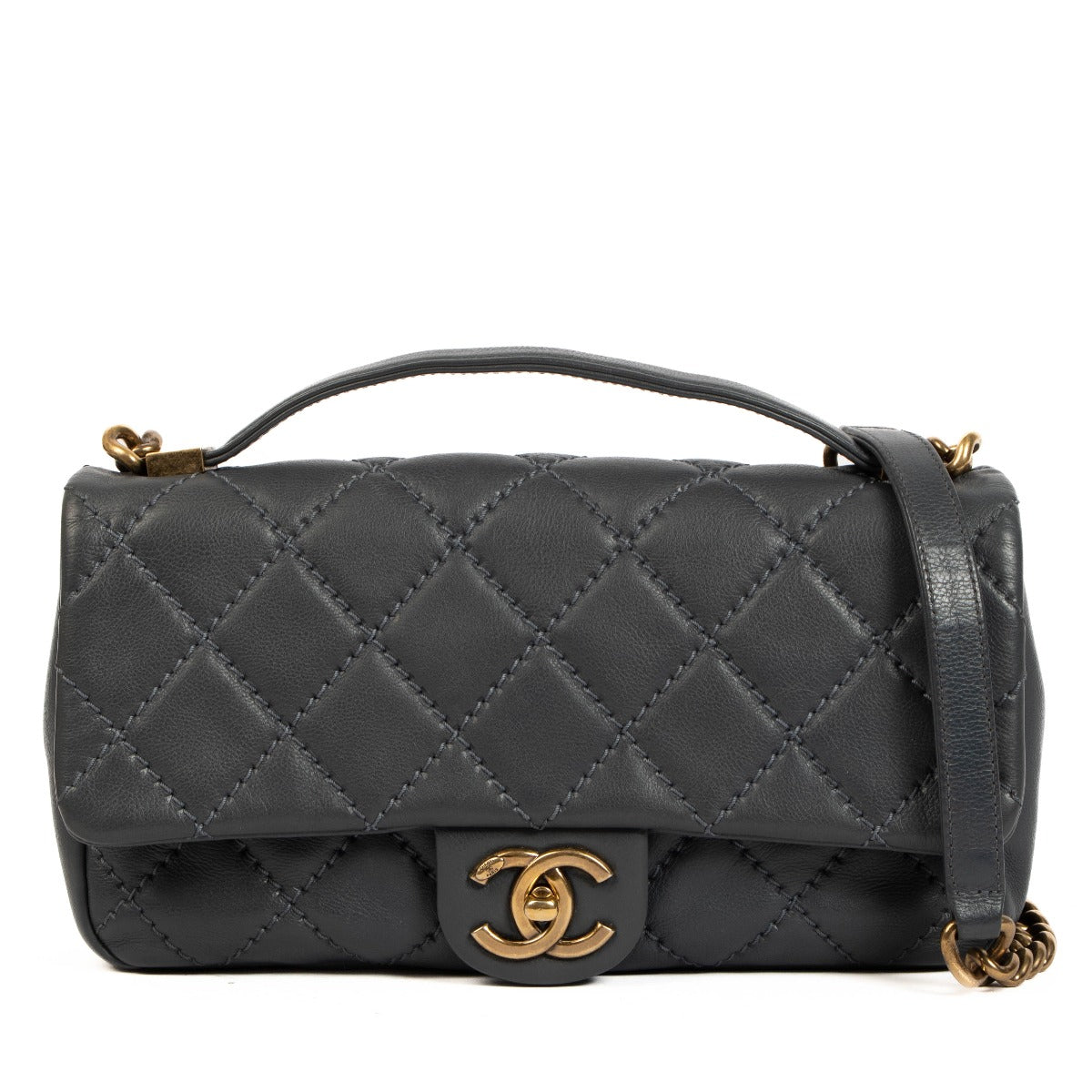 Chanel Petrol Calfskin Flap Bag With Handle