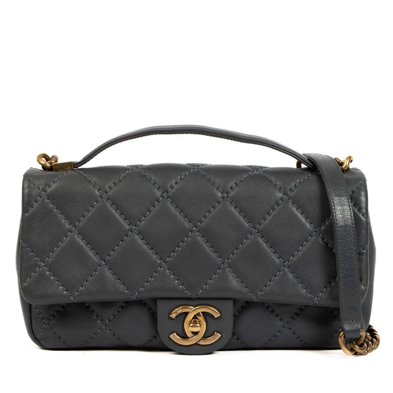 Chanel Petrol Calfskin Flap Bag With Handle