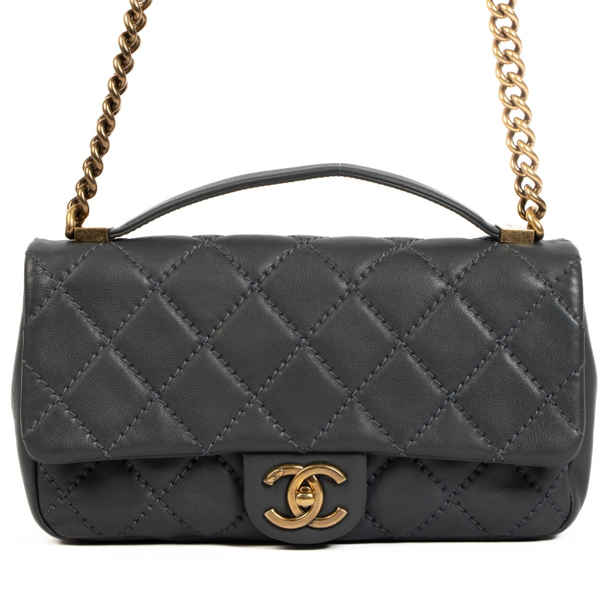 Chanel Petrol Calfskin Flap Bag With Handle
