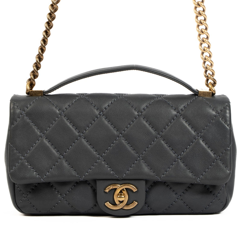 Chanel Petrol Calfskin Flap Bag With Handle