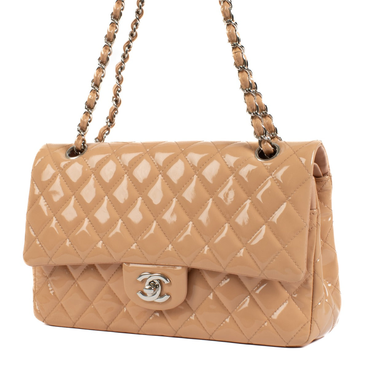 Sac Chanel Classic 11.12 moyen en cuir verni beige