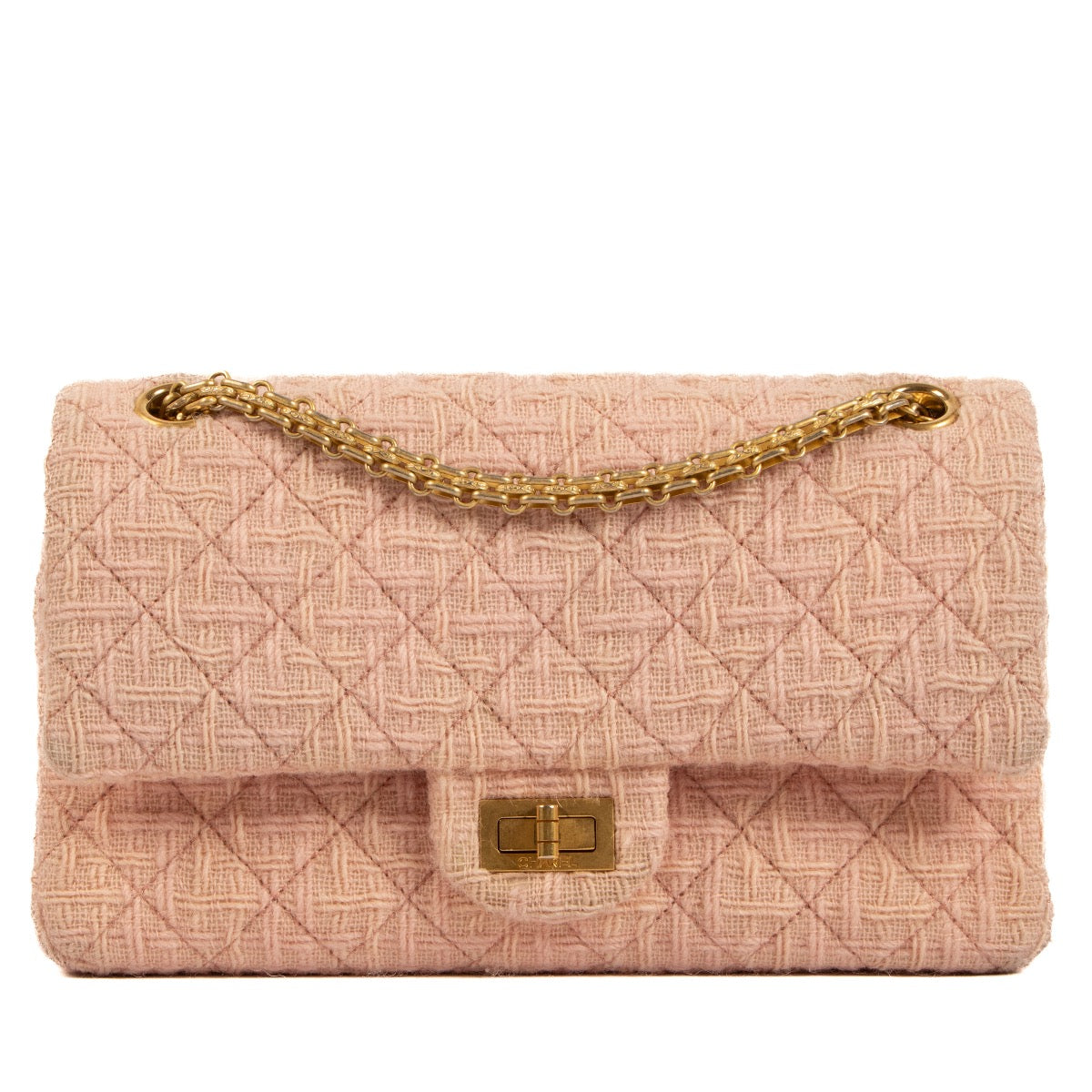 Shop safe online at Labellov in Antwerp, Brussels and Knokke this 100% authentic second hand Chanel Pink Tweed Medium 2.55 Reissue