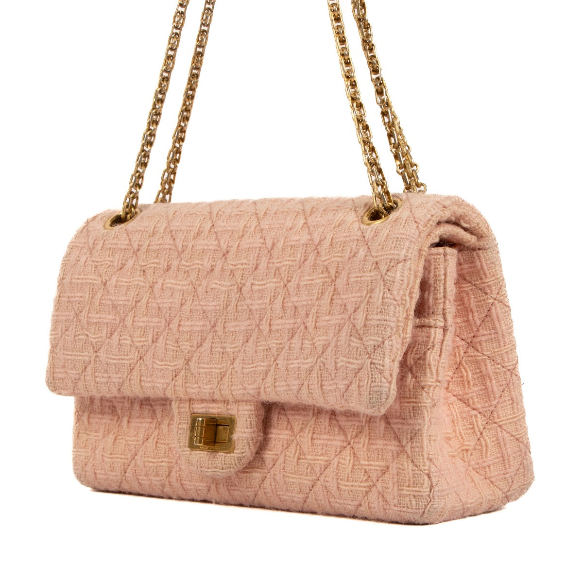 Shop safe online at Labellov in Antwerp, Brussels and Knokke this 100% authentic second hand Chanel Pink Tweed Medium 2.55 Reissue