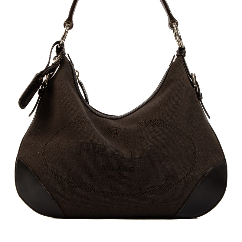 Shop 100% authentic second-hand Prada Brown Logo Jacquard Shoulder Bag on Labellov.com