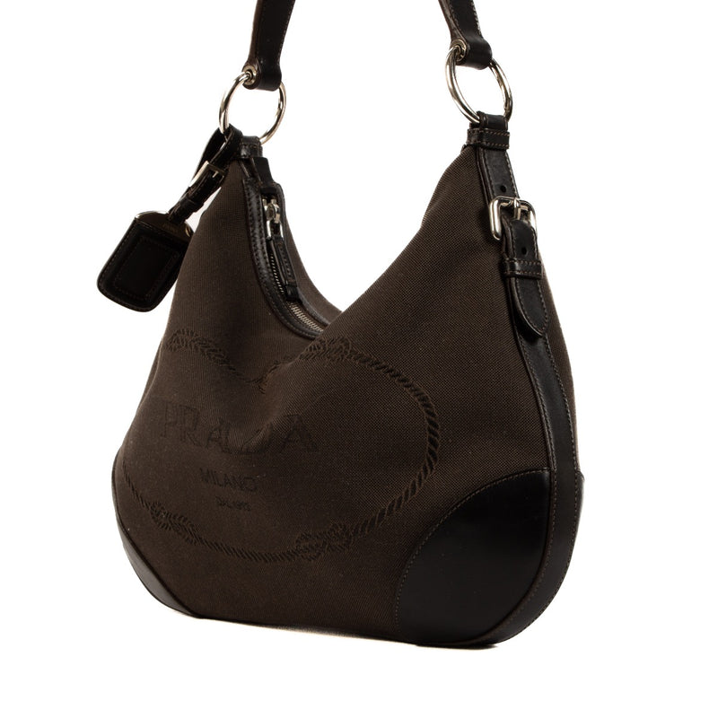 Shop 100% authentic second-hand Prada Brown Logo Jacquard Shoulder Bag on Labellov.com