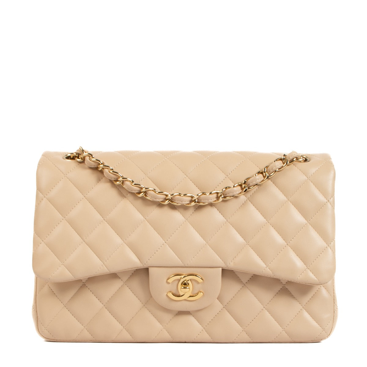 Shop safe online at Labellov in Antwerp, Brussels and Knokke this 100% authentic second hand Chanel Beige Lambskin Large Classic Flap Bag