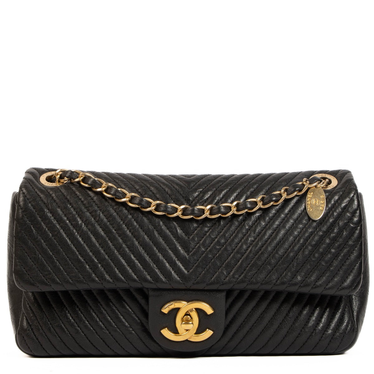 Chanel Black Chevron Goatskin Medallion Flap Bag