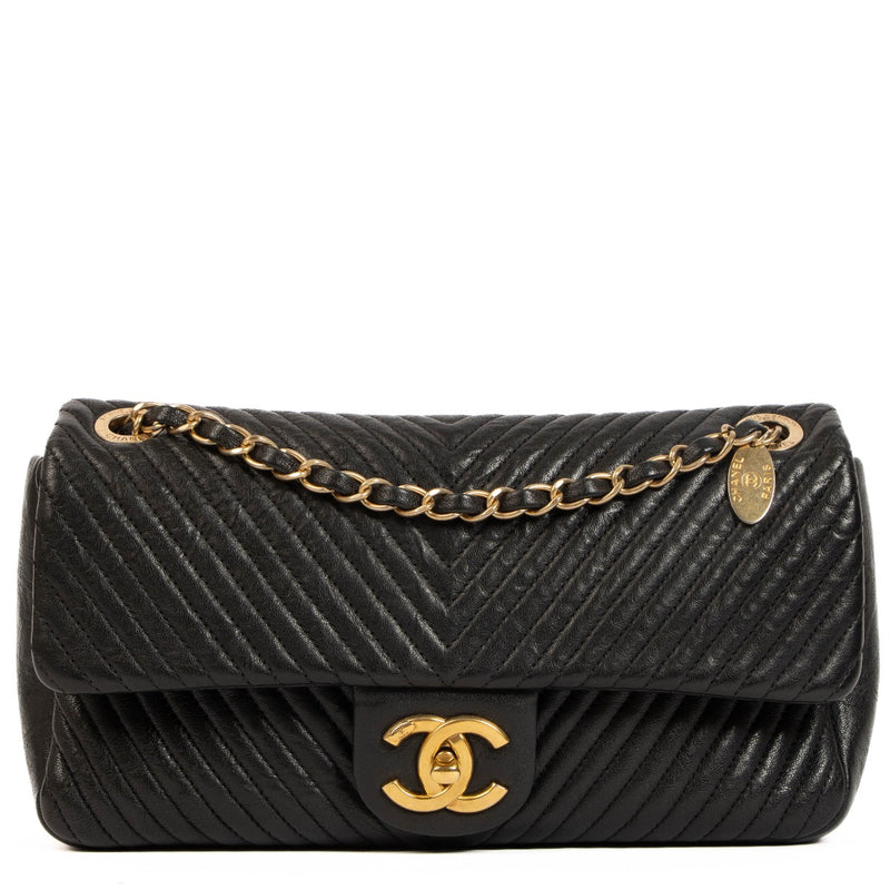 Chanel Black Chevron Goatskin Medallion Flap Bag