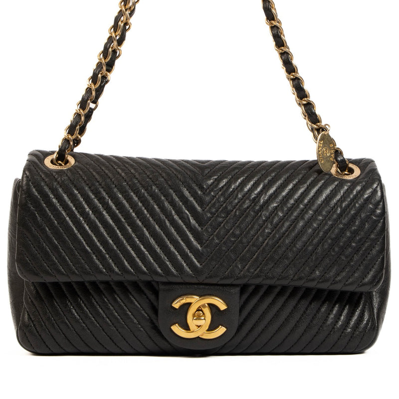 Chanel Black Chevron Wrinkled Goatskin Medallion Charm Medium Flap Bag