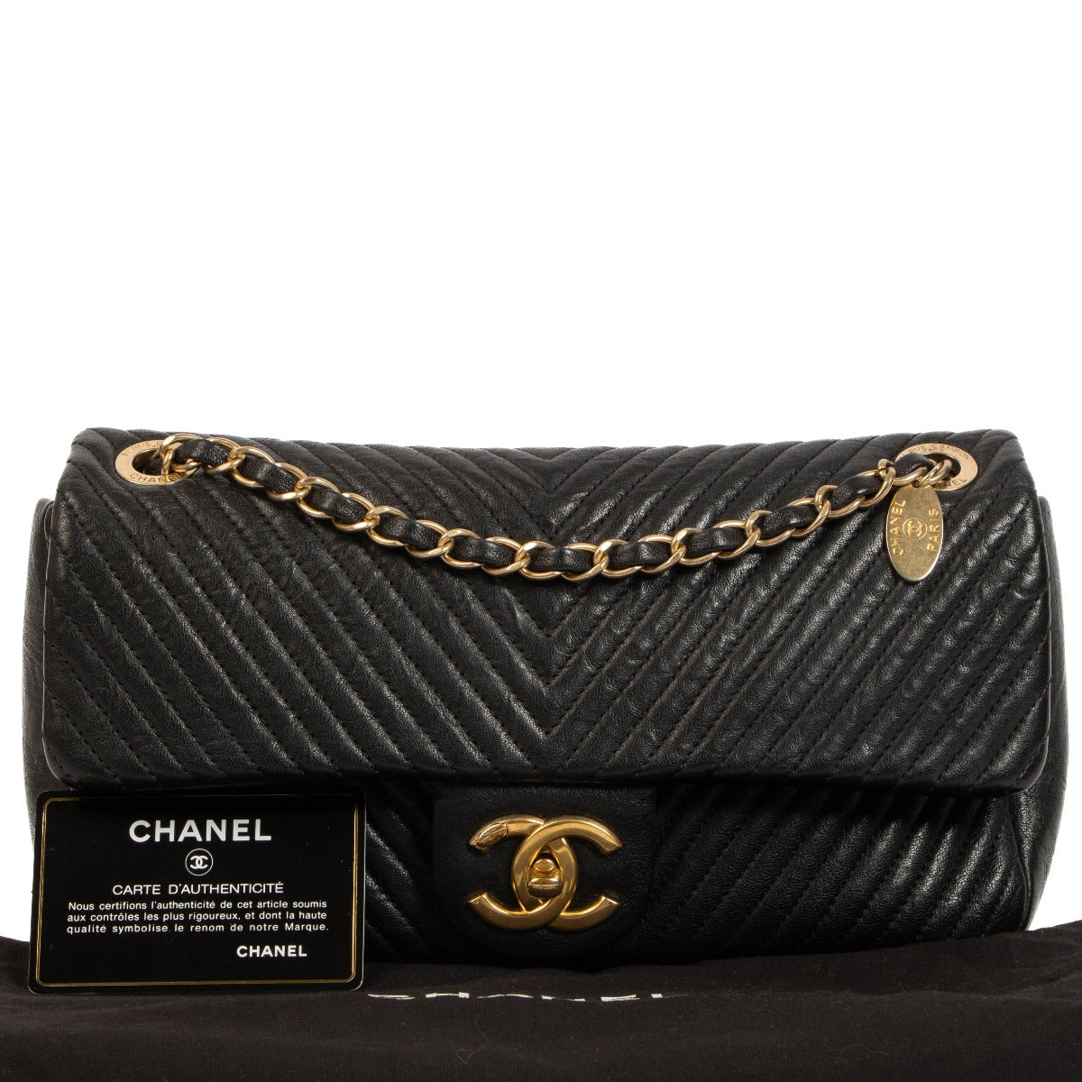 Chanel Black Chevron Goatskin Medallion Flap Bag