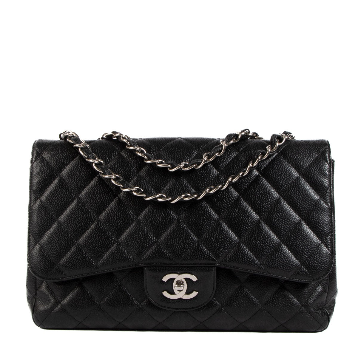 Sac Chanel à rabat simple classique grand modèle en cuir de caviar noir