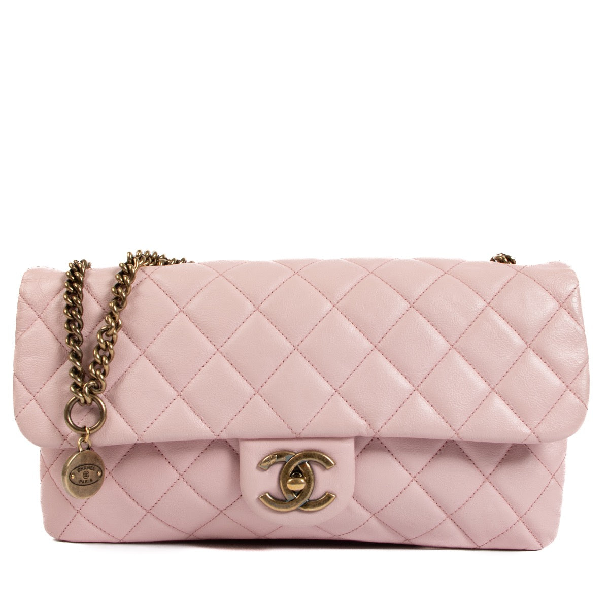 Chanel Pale Pink Calfskin CC Crown Medaillon Charm Chain Flap Bag