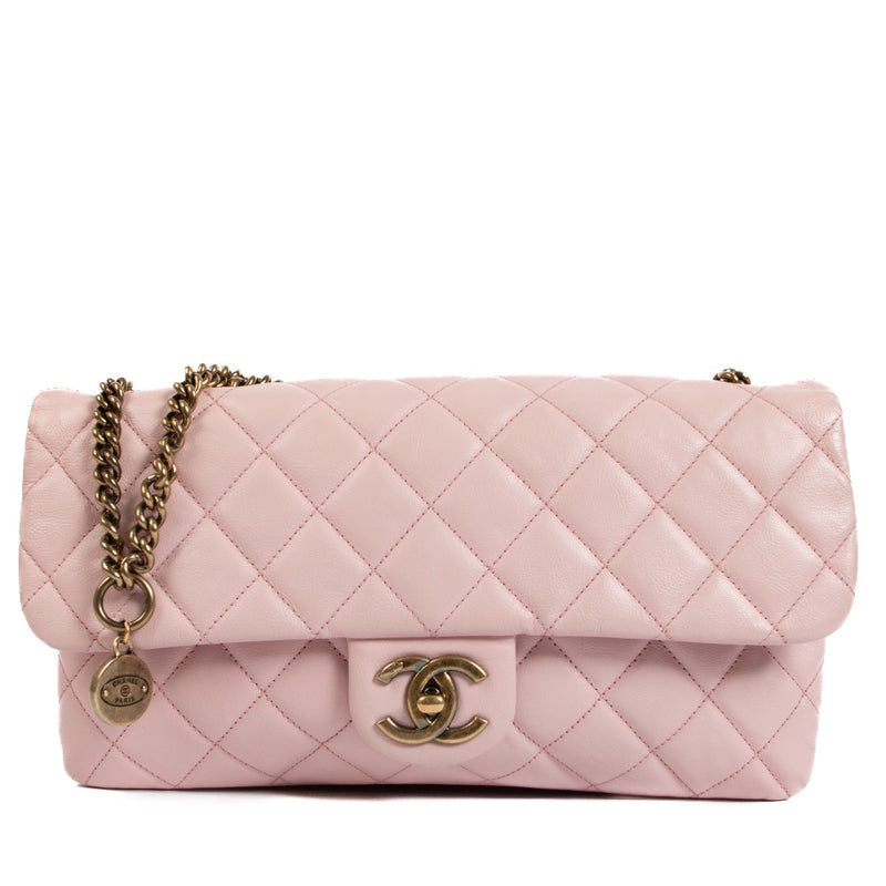 Chanel Pale Pink Calfskin CC Crown Medaillon Charm Chain Flap Bag