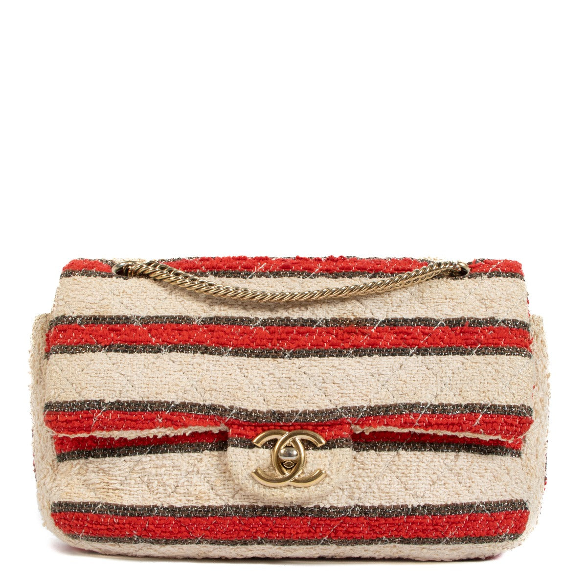Chanel, striped, Beige, Tweed, Glitter, Gold, Red, Classic flap bag, Preloved, Antwerp, Labellov
