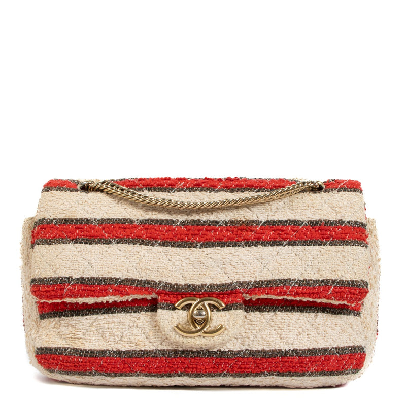 Chanel, striped, Beige, Tweed, Glitter, Gold, Red, Classic flap bag, Preloved, Antwerp, Labellov